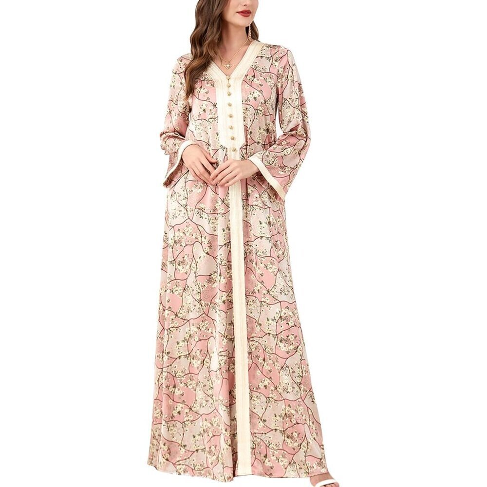 Muslim Abaya Dress Polyester Floral V Neck Maxi Robe for Women